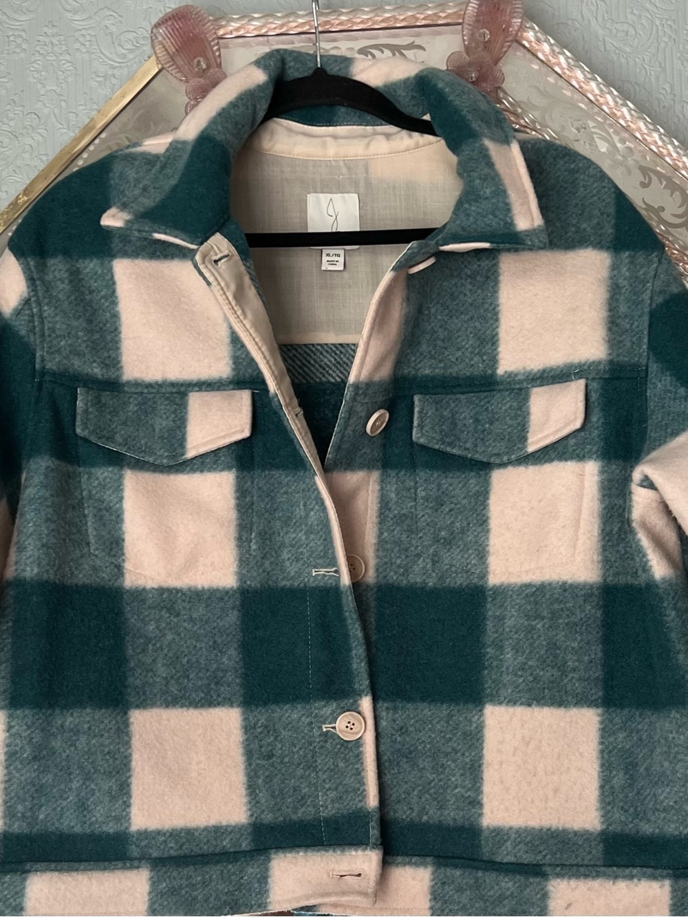 XL, Joie Teal and Cream Flannel Plaid Jean-Style Jacket